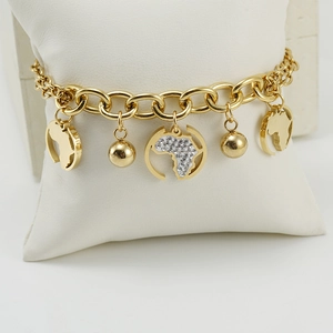 Bracelet en acier inoxydable plaqué or 18 carats avec charmes carte d'Afrique et cristaux
