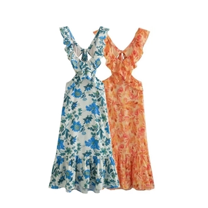 Abito Midi da Donna Sexy con Scollo a V e Volant Stampa Floreale Intaglio in Vita Senza Schienale Lacci Vacanza Senza Maniche Estivo