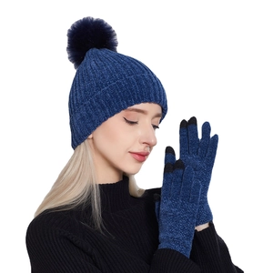 Damen Chenille-Strickmütze und Touchscreen-Handschuhe Set mit marineblauem Bommel für Winter