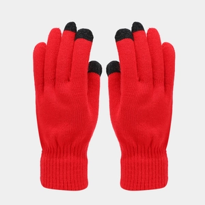 Detail of red knit touchscreen gloves with conductive finger tips and ribbed cuffs