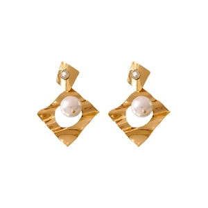 Modern geometric hollow gold earrings with pearl accent and cubic zirconia studs