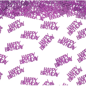 Close-up of Happy Birthday glitter confetti in purple for party table decoration