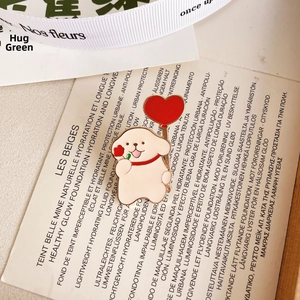 Cute cartoon puppy enamel pin with red heart balloon and rose in golden metal frame