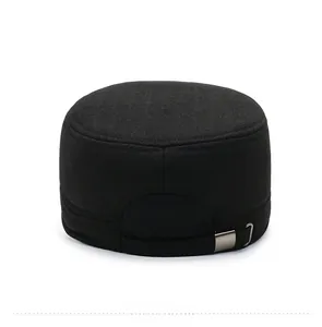 Detail of adjustable metal buckle and strap on back of black thermal flat top hat