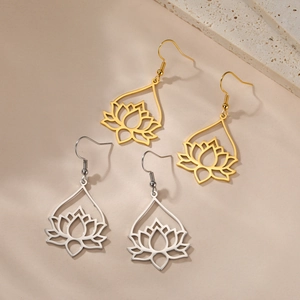 Detail of drop-shaped earrings featuring hollow lotus flower motifs in gold and silver