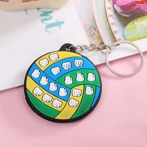 Close-up of blue, green, and yellow rubber volleyball keychain with metal ring and chain