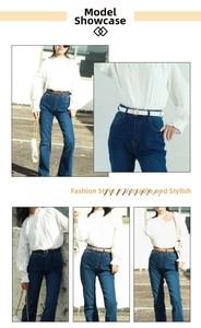 Detail of a thin leather belt with a D-shaped alloy buckle on high-waist jeans