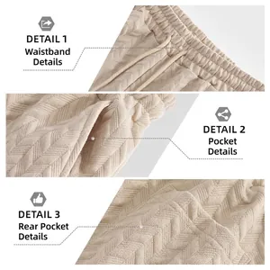 Men's summer casual beige shorts with herringbone jacquard pattern and drawstring waist