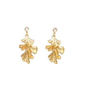 Elegant gold ginkgo leaf stud earrings with sparkling crystal accents on white background