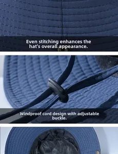 Detail view of navy sun hat featuring reinforced stitching and adjustable chin strap