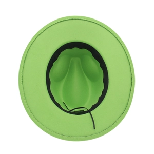 Detail view of the green wool felt fedora interior with adjustable black drawstring band