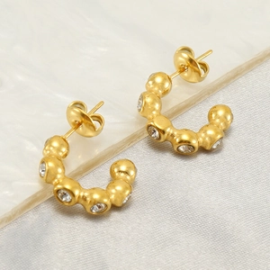 Boucles D'oreilles Créoles En C Acier Inoxydable Plaqué Or 18K Perle Ronde Géométrique Zircone Incrusté Bijoux Rétro Femme