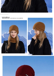 Close-up of thick knitted winter hat and neck warmer with soft fleece texture