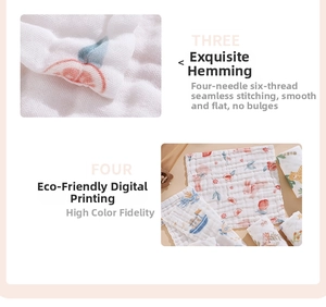 Detail of baby cotton gauze towel featuring neat edge stitching and cute rabbit prints