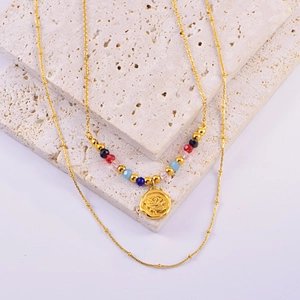 Detailed close-up of double-layer beaded necklace with rose embossed round pendant