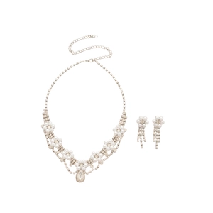 Elegant silver necklace and earrings set featuring diamond flowers and pearl drops