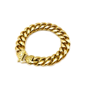 Polished gold stainless steel Cuban link bracelet with unique vine clasp design