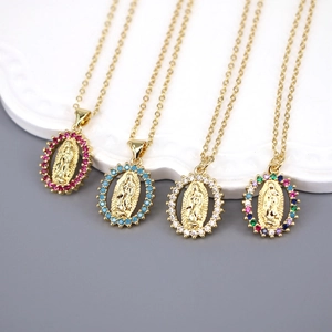 Vintage Religious Virgin Mary Oval Pendant Necklace For Women Zirconia Copper Electroplated Gold Catholic Prayer Jewelry Gift