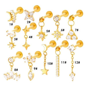 Golden titanium star and moon piercing jewelry set with clear zircon stones