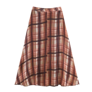 Falda Midi A Cuadros De Cintura Alta Para Mujer Retro De Poliéster Estilo Callejero Marrón Caramelo