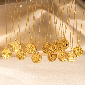 Zodiac Sign Pendant Necklace 18K Gold Plated Stainless Steel Round Coin Medallion Constellation Fashion Jewelry For Women