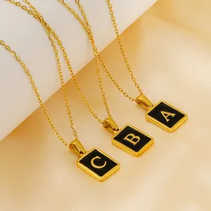 Gold stainless steel square black enamel letter pendant necklaces with link chains