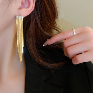 Elegant gold plated long tassel earrings with metallic finish for women fashion