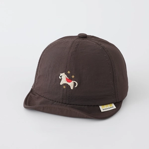 Detailed close-up of brown baby sun hat with animal embroidery and soft breathable fabric