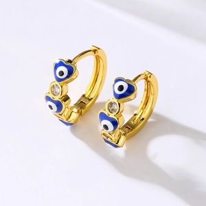Gold plated evil eye heart hoop earrings with blue enamel and sparkling zircon accents