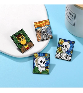 Artistic skeleton enamel pins inspired by Van Gogh and Munch paintings for clothing