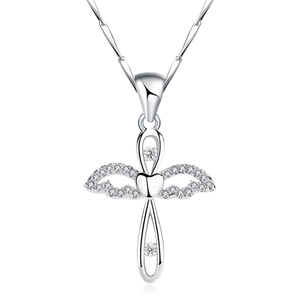 S999 Sterling Silver Cross Wing Heart Necklace with Zirconia Inlay for Women