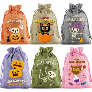 Set of six colorful Halloween burlap drawstring gift bags with festive cartoon patterns
