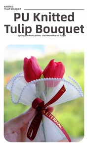 Close-up of red PU tulip bouquet wrapped in white pearl mesh with silk ribbon