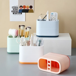 Multifunctional Desktop Pen Holder Office Stationery Organizer Plastic Divided Storage Box Vertical Stripe Textured