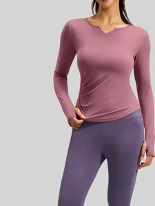 Top da Yoga a Manica Lunga con Scollo a V da Donna Design Increspato T-Shirt Sportiva Aderente con Fori per il Pollice Maglia Fitness