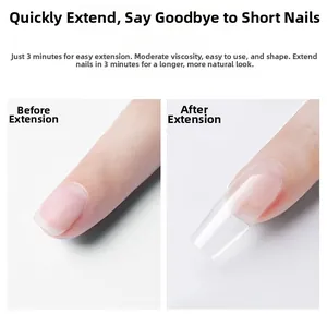 Detail showing the before and after effect of clear nail extension gel with 3-minute fast curing