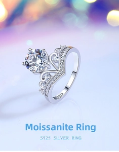 Macro detail of V-shaped crown moissanite ring showing S925 hallmark and fine pavé stones