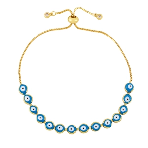 Bohemian evil eye adjustable bracelet with blue enamel beads and gold plated chain