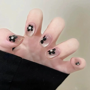 Handmade Press On Nails French Cat Eye Black 3D Flower Rhinestone Pink Gradient Short Round Reusable False Nails