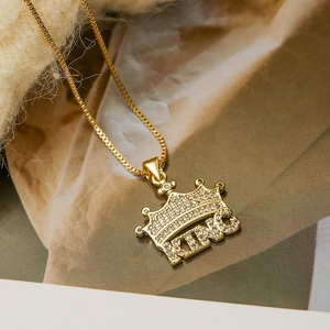Gold plated hip hop crown KING pendant necklace with sparkling cubic zirconia stones