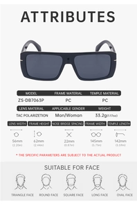 Fiche technique détaillée de lunettes de soleil carrées polarisées avec dimensions PC