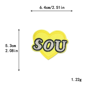 Yellow heart embroidery patch with SOU letters for DIY clothing decor 6.4x5.3cm