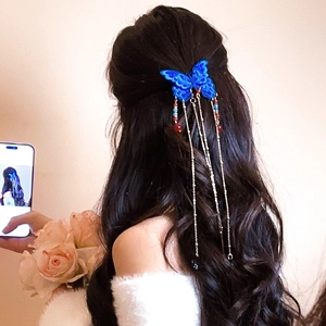 Gros plan sur la pince à cheveux papillon brodée bleue avec de longs glands métalliques