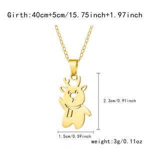 Detailed view of gold stainless steel reindeer pendant necklace with exact size dimensions