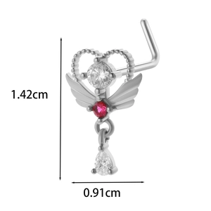 Detailed view of silver L-shaped nose stud with heart wings and zircon droplets