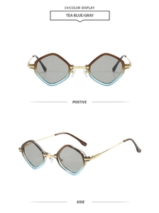 Front and side view of punk style rhombus sunglasses with tea blue gradient frames