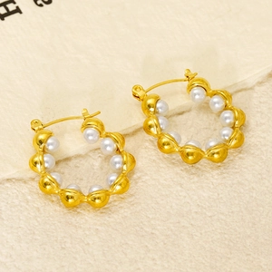 Wavy Hoop Earrings 18K Gold Plated Stainless Steel With Artificial Pearl Elegant Retro Fashion Jewelry For Women