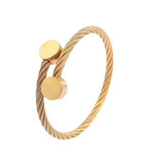 Minimalist gold titanium steel twisted cable open bracelet with round ends