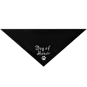 Detail view of a black fabric pet bandana featuring Dog of Honor text and paw print