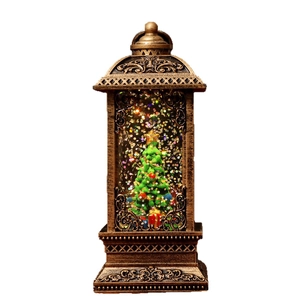 Vintage bronze Christmas lantern with LED snow globe effects and a festive tree